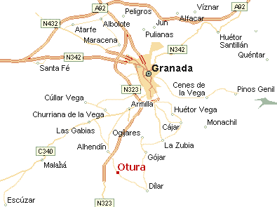 Mapa del entorno de Granada- Otura en el punto rojo